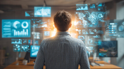 Business Technology Data Analytics Monitor Digital Information Silhouette Innovation Analysis Charts Virtual Reality Solutions Manager Design Software 