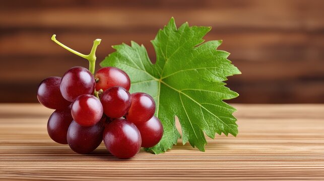 Fresh red grapes with green leaves on a wooden surface.