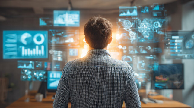 Business Technology Data Analytics Monitor Digital Information Silhouette Innovation Analysis Charts Virtual Reality Solutions Manager Design Software  - Powered by Adobe