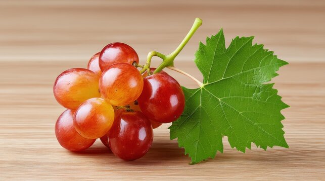 Fresh red grapes with vibrant green leaves on a wooden surface. - Powered by Adobe