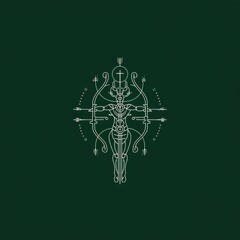 Geometric, linear design featuring a central figure and bow elements on a dark green background