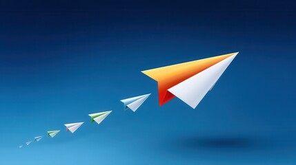 Colorful paper airplanes soaring against a blue sky background.