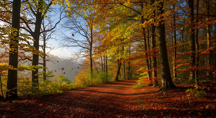 A captivating autumn forest scene, where sunlight filters through the canopy, illuminating a trail blanketed in vibrant fallen leaves, creating a serene and enchanting natural landscape with