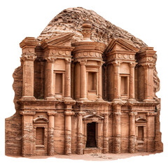 Obraz premium Ancient Petra: A breathtakingly detailed rendering of the iconic, sandstone architecture of Petra, an ancient city carved into the rock face. Every pillar, facade.