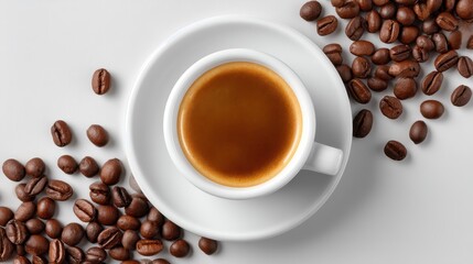 Fototapeta premium A steaming cup of coffee on a white background with roasted beans around it.