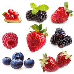 Fresh berries in a grid pattern against white