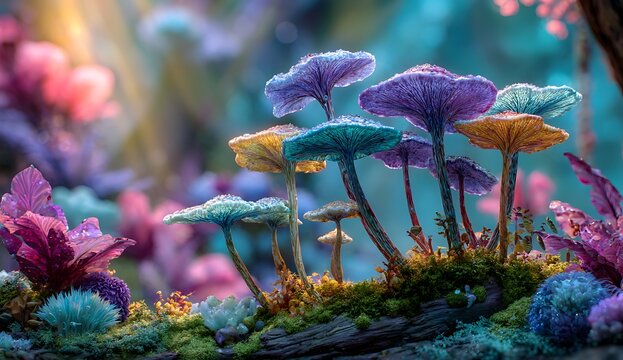 Enchanted Forest Floor with Bioluminescent Mushrooms and Fantasy Flora magical glowing