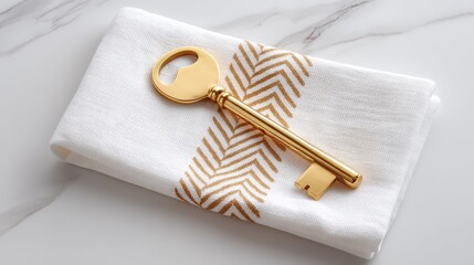 Elegant golden key resting on a white and gold patterned cloth.