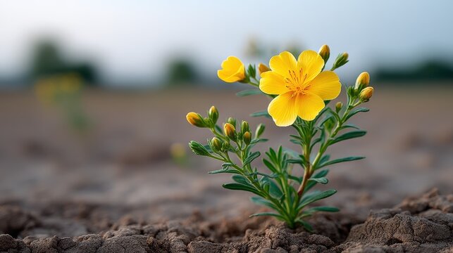 A vibrant yellow flower blooms in a dry landscape, showcasing resilience and beauty. - Powered by Adobe