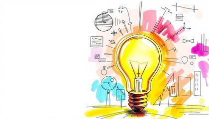 Colorful business & tech sketches illuminate a glowing lightbulb; innovation concept,  development,  abstract