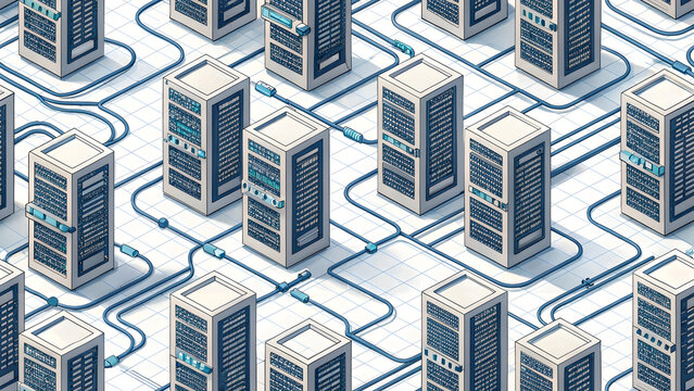 Stylized Isometric Illustration of Numerous Off White Server Racks Connected by Teal Cables on a Grid Background Detailed Data Center Network Representation