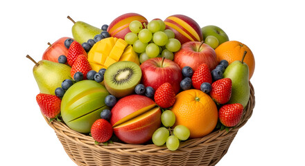 Assorted Fruits Arranged Attractively in Wicker Basket on Transparent Background Studio Shot