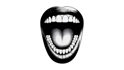 Bold black and white open mouth illustration with detailed teeth and tongue