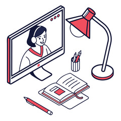 Student learning online with headphones and book online learning