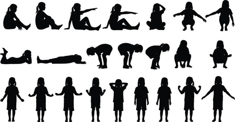 Silhouette children sitting, standing, squatting, playing, pointing, laying down, different kid poses, black vector illustration, childhood activities, isolated design © Biplob Creatives