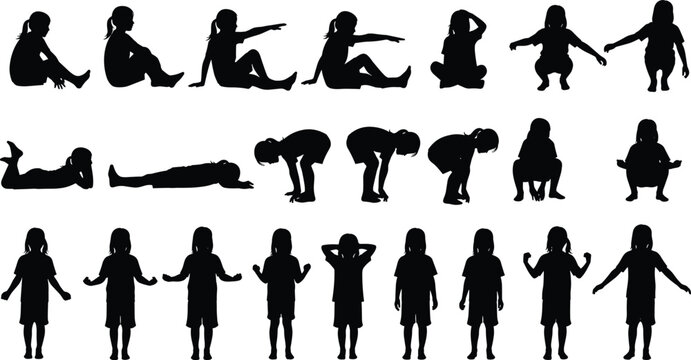 Silhouette children sitting, standing, squatting, playing, pointing, laying down, different kid poses, black vector illustration, childhood activities, isolated design