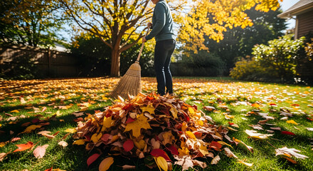 Person raking colorful autumn leaves into a pile in sunny backyard during fall season