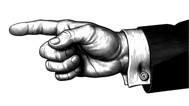 Pointing hand with elegant suit cuff conveys direction and decision making