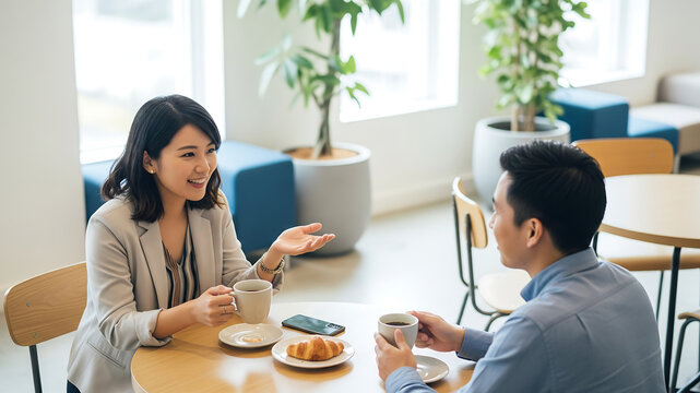 Asian Business Professionals Meeting Over Coffee and Croissant in Modern Office