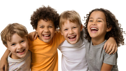 Joyful group of diverse children laughing together, celebrating friendship