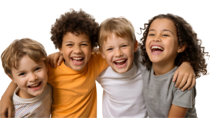 Joyful group of diverse children laughing together, celebrating friendship