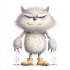 Obraz premium Fluffy white monster with sharp claws and fangs stands confidently wearing beige boots, showing mischievous smile and playful yet fierce expression in minimal setting