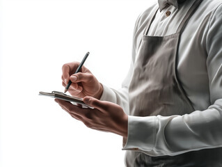 Waiter writing order on notepad with pen wearing apron and white shirt, capturing moment of attentive service in restaurant environment