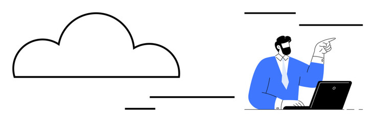 Businessman in suit working on laptop, pointing to large cloud graphic. Ideal for cloud computing, remote work, data storage, innovation, teamwork, creativity, simple flat metaphor