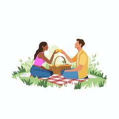 A vibrant illustration of a couple having fun during a picnic, exchanging food and laughter, embodying the essence of love, connection, and joyous outdoor experiences.