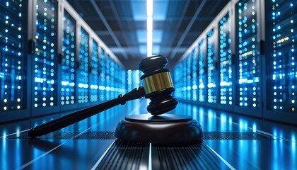 Cyber Law Gavel in Server Room.