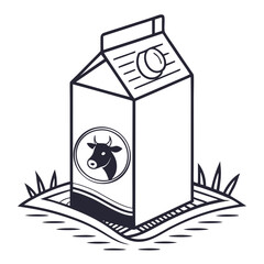 Milk carton with cow emblem on grass dairy farm