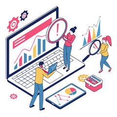 People analyzing data with magnifying glass and charts