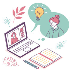 Woman learning online with idea and notebook online learning