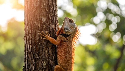 A lizard clings to a tree trunk in sunlight.