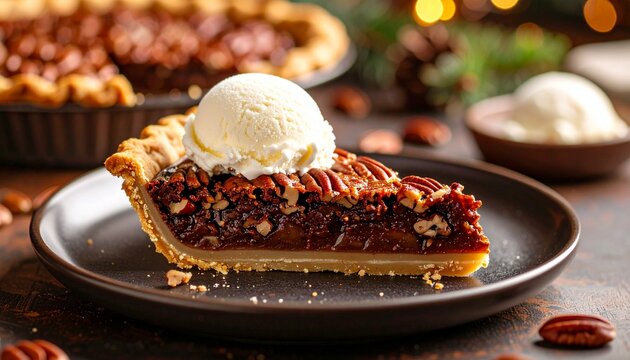 A tempting slice of traditional pecan pie with melting vanilla ice cream, a classic holiday dessert for autumn celebrations.