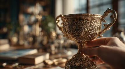 Intricate silver trophy held against a blurred backdrop. Business success.
