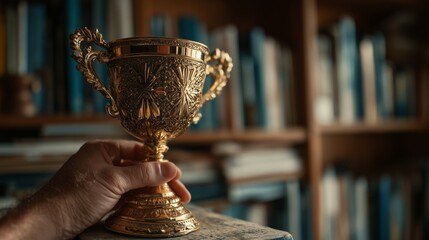 Hand holding a vintage trophy in a library setting. Business success.