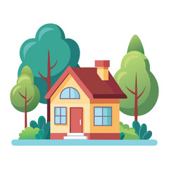 Small Cute House with Trees Vector Art