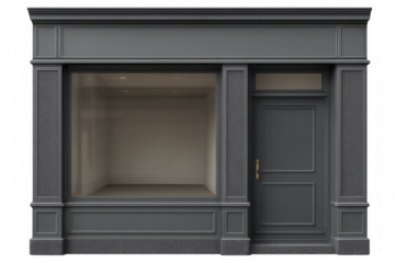 Grey storefront with expansive display window, pristine closed door presenting clean urban architectural backdrop for graphic design mockups