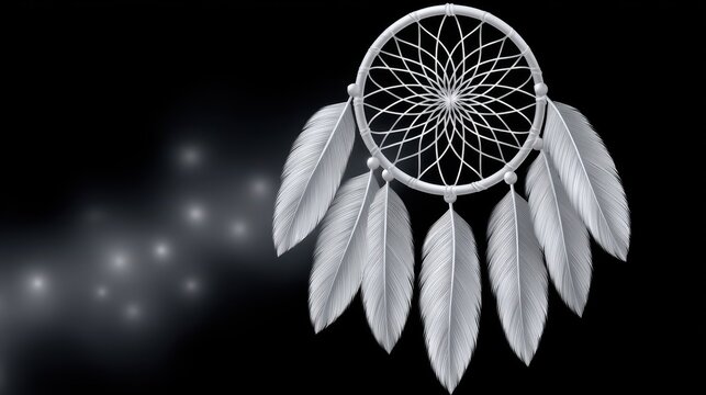 A beautiful white dreamcatcher with delicate feathers and a mystical background.