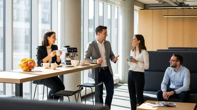 Business Break: Diverse Team Enjoying Coffee and Fruit in Modern Office Space