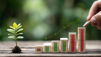 Hand drawing a green arrow graph on wooden blocks with a small plant and blurred background growth seedling
