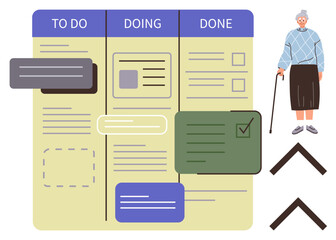 Task board divided into To Do, Doing, and Done, with colored cards for task tracking. Elderly woman standing with a cane nearby and directional arrows. Ideal for planning, organization, productivity © robu_s