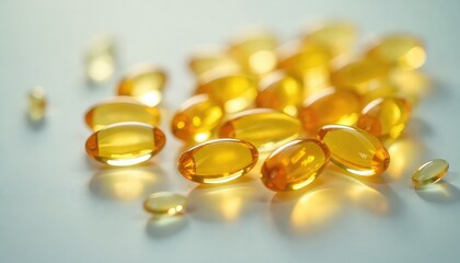 A close up shot of many golden gel capsules scattered on a white surface with soft lighting effect