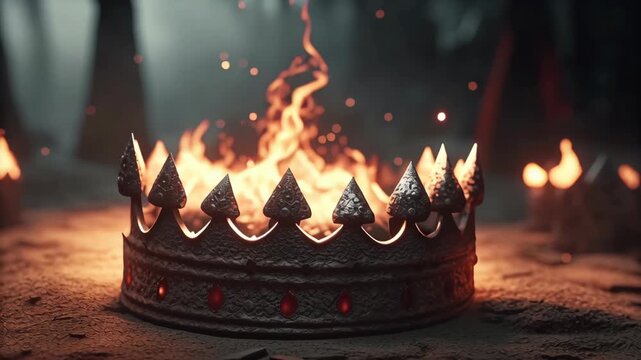 Burning crown lying in defeat flames concept. A fiery crown symbolizes loss, power struggles, and the end of a reign amidst a dark backdrop.