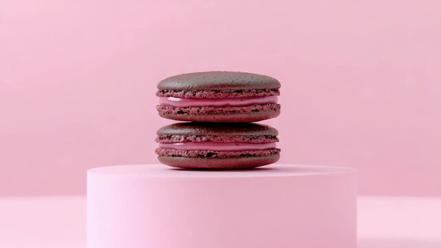 Two chocolate macaroon cookies with a pink backdrop, showcasing food y and the sweetness of these treats.