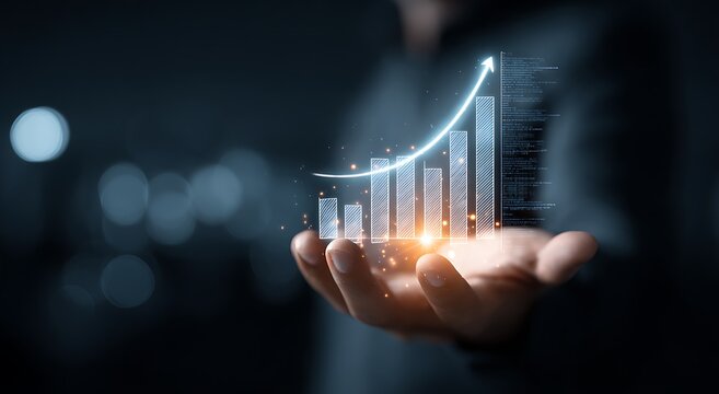 Hand holding a glowing 3D bar graph with upward trend and data streams business finance