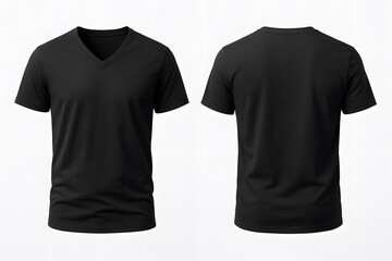 Naklejka premium Black V-neck T-shirt mockup plain cotton fabric front and back view