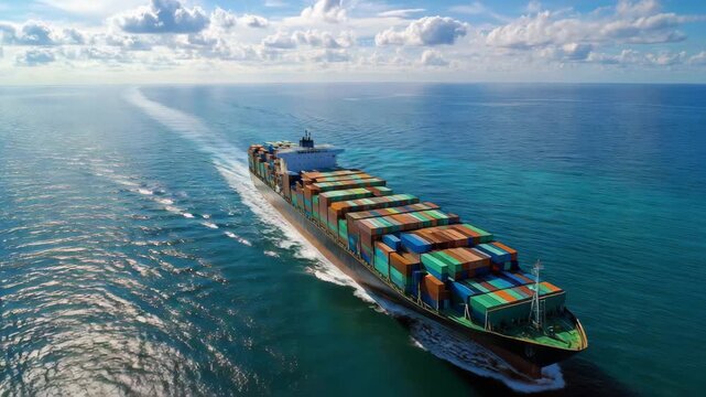 Container ship sails through calm ocean waters in bright daylight