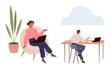 Two individuals work remotely, one seated in a modern chair near a plant and another at a desk under a cloud. Ideal for collaboration, productivity, remote work, communication, flexibility, modern